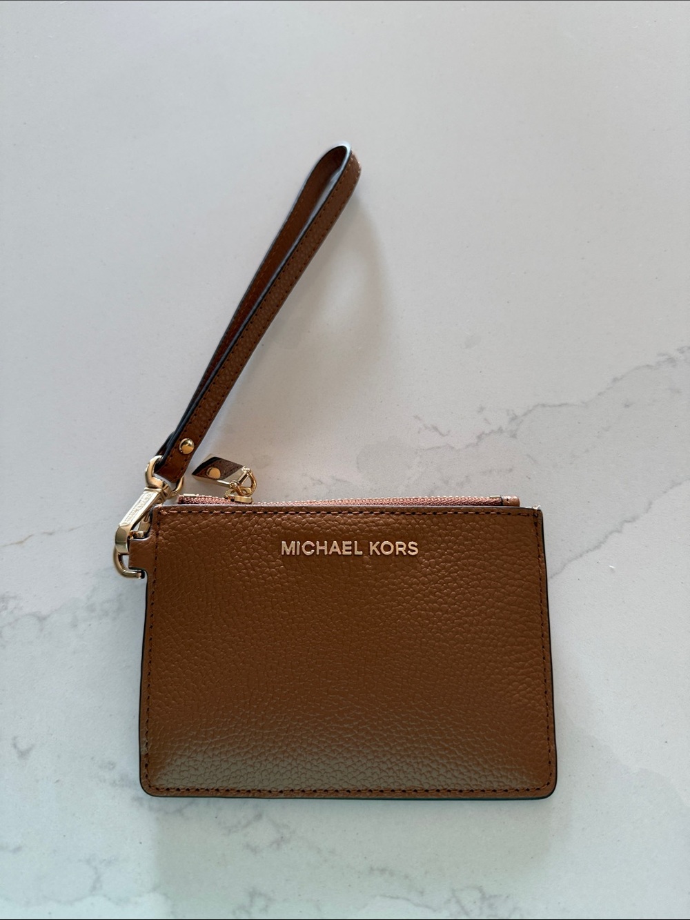 MICHAEL KORS Brown Leather Wristlet Card Pouch with Gold Hardware